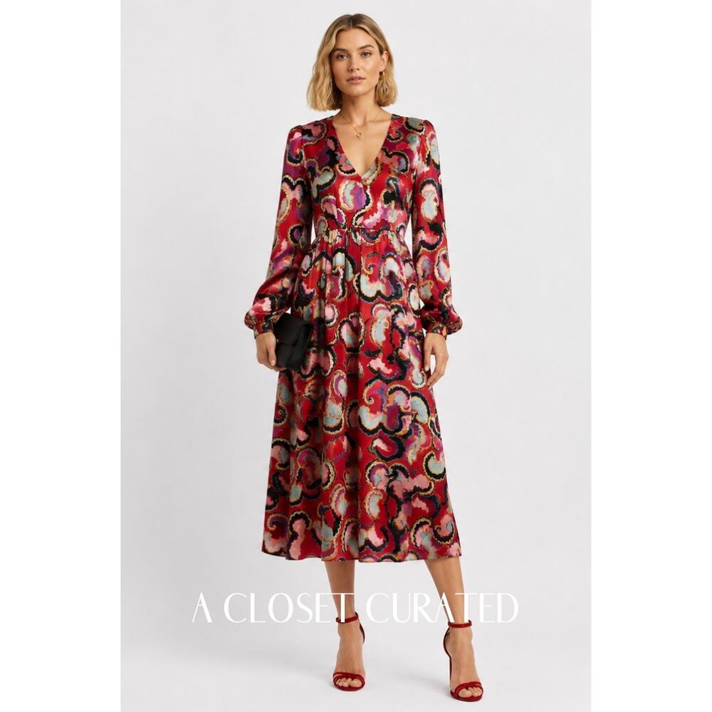 Saloni Camille B Fil Coupé Satin Midi Dress 6 Red